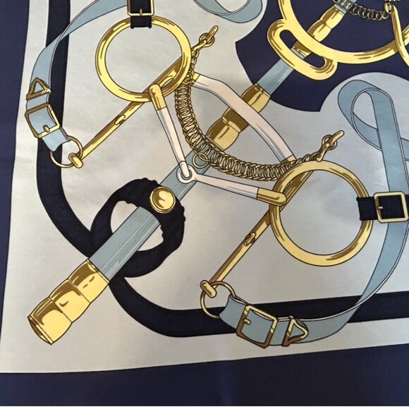 Vintage Hermes Pellier Paris Eperon d' Or Silk Scarf Blues with light Gray - Picture 9 of 16